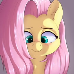 Size: 2000x2000 | Tagged: safe, artist:aquaticvibes, fluttershy, pony, g4, blushing, bust, cheek fluff, cute, ear fluff, female, front view, full face view, gray background, high res, looking down, mare, portrait, shyabetes, simple background, solo