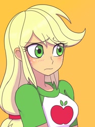 Size: 1620x2160 | Tagged: safe, artist:haibaratomoe, applejack, equestria girls, g4, apple, blonde hair, blushing, breasts, bust, busty applejack, clothes, cute, cutie mark, cutie mark on clothes, embarrassed, eyebrows, eyebrows visible through hair, female, food, freckles, green eyes, jackabetes, missing accessory, ponytail, shiny hair, shirt, simple background, solo, t-shirt, yellow background