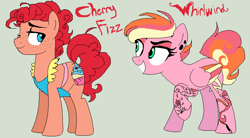Size: 756x418 | Tagged: safe, artist:captainsnarkyninja, oc, oc:cherry fizz, oc:whirlwind, earth pony, pegasus, pony, earth pony oc, eyeshadow, looking at each other, magical lesbian spawn, makeup, offspring, parent:pinkie pie, parent:rainbow dash, parents:pinkiedash, pegasus oc, smiling