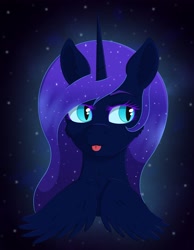 Size: 1874x2413 | Tagged: safe, artist:dyonys, oc, oc:nyx, alicorn, pony, fanfic:past sins, :p, bust, cute, ethereal mane, female, fluffy, mare, night, night sky, ocbetes, sky, starry mane, stars, tongue out, wings