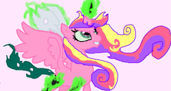 Size: 647x345 | Tagged: safe, artist:captainsnarkyninja, queen chrysalis, alicorn, changeling, changeling queen, pony, g4, evil smile, fake cadance, female, grin, looking up, shapeshifting, smiling, solo, transformation, transforming