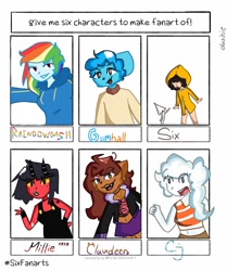 Size: 1004x1200 | Tagged: safe, artist:ddddashie, rainbow dash, cat, demon, human, humanoid, imp, werewolf, anthro, equestria girls, g4, bust, clawdeen wolf, clothes, cloud, cloudy jay, crossover, fingerless gloves, gloves, grin, gumball watterson, hand on hip, hellaverse, hellborn, helluva boss, helluva boss pilot, little nightmares, male, millie knolastname, monster high, open mouth, raincoat, regular show, six (little nightmares), six fanarts, skirt, smiling, the amazing world of gumball