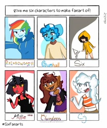 Size: 1004x1200 | Tagged: safe, alternate version, artist:ddddashie, rainbow dash, cat, demon, human, humanoid, imp, werewolf, anthro, equestria girls, g4, bust, clawdeen wolf, clothes, cloud, cloudy jay, crossover, female, fingerless gloves, gloves, grin, gumball watterson, hand on hip, hellaverse, hellborn, helluva boss, helluva boss pilot, little nightmares, male, millie knolastname, monster high, open mouth, raincoat, regular show, six (little nightmares), six fanarts, skirt, smiling, the amazing world of gumball