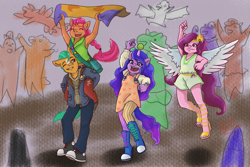 Size: 1772x1181 | Tagged: safe, artist:shacy's pagelings, hitch trailblazer, izzy moonbow, pipp petals, sunny starscout, earth pony, pegasus, pony, unicorn, anthro, plantigrade anthro, g5, armpits, bag, ball, boots, braid, carrying, clothes, converse, eyes closed, feet, female, high heels, horn, horn guard, horn impalement, hornball, izzy's tennis ball, jacket, male, one eye closed, open mouth, open-toed shoes, pants, piggyback ride, red eyes, red-eyed pipp, shoes, skirt, spread wings, standing, tennis ball, toes, wings