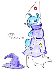 Size: 1024x1472 | Tagged: safe, artist:gafelpoez, trixie, pony, unicorn, g4, cape, clothes, dunce hat, female, hat, mare, solo, traditional art, trixie's cape, trixie's hat