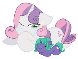 Size: 800x603 | Tagged: safe, artist:opalescentartist, sweetie belle, oc, oc:seamist ruby, dracony, hybrid, g4, alternate cutie mark, aunt and niece, crying, deviantart watermark, duo, interspecies offspring, lying down, obtrusive watermark, offspring, older, older sweetie belle, parent:rarity, parent:spike, parents:sparity, simple background, transparent background, watermark