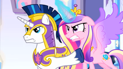 Size: 1075x605 | Tagged: safe, screencap, princess cadance, shining armor, alicorn, pony, unicorn, g4, the beginning of the end, angry, armor, duo, magic, royal guard armor, spread wings, wings