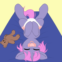 Size: 2995x2995 | Tagged: safe, artist:xcinnamon-twistx, oc, oc:samantha mosely, pony, baby, bed, colored sketch, commission, commissioner:wafertwo, diaper, high res, non-baby in diaper, pacifier, sketch, solo, ych result