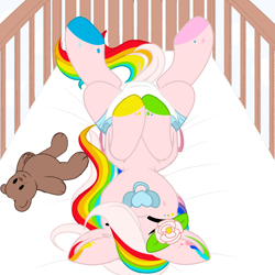 Size: 2995x2995 | Tagged: safe, artist:xcinnamon-twistx, oc, pony, baby, bed, colored sketch, commission, crib, diaper, high res, non-baby in diaper, pacifier, sketch, solo, ych result