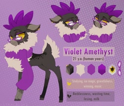 Size: 1926x1650 | Tagged: safe, artist:astralblues, oc, oc only, oc:violet amethyst, deer, them's fightin' herds, chest fluff, clothes, community related, deer oc, ear fluff, eyeliner, eyeroll, female, fluffy, glasses, hoof fluff, horns, makeup, reference sheet, scarf, smug, solo, standing, standing up, tfh oc
