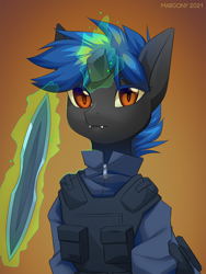 Size: 900x1196 | Tagged: safe, artist:margony, oc, oc only, oc:sheldie, changeling, pony, broken horn, bust, clothes, commission, digital art, female, glowing horn, horn, looking at you, magic, mare, portrait, simple background, solo