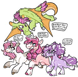 Size: 1011x1000 | Tagged: safe, artist:fastserve, oc, oc only, oc:dashing lad, oc:peach blossom, oc:quartz blast, oc:regal plum, earth pony, pony, unicorn, blank flank, colt, female, filly, flying, interspecies offspring, magical lesbian spawn, male, next generation, offspring, parent:apple bloom, parent:diamond tiara, parent:pipsqueak, parent:scootaloo, parent:spike, parent:sweetie belle, parents:diamondbloom, parents:scootaspike, parents:sweetiesqueak, running, simple background, transparent background