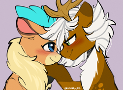 Size: 1363x994 | Tagged: safe, artist:cottonsweets, velvet (tfh), oc, oc:sirpsychojr, deer, reindeer, them's fightin' herds, blushing, community related, cute, female, male, shipping, straight