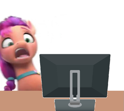 Size: 559x500 | Tagged: safe, edit, edited screencap, screencap, sunny starscout, pony, g5, computer, faic, female, mare, monitor, reaction image, scared, screaming, solo