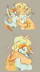 Size: 1280x2281 | Tagged: safe, artist:halfcrazydaisy, applejack, rainbow dash, earth pony, pegasus, pony, g4, alternate design, bridal carry, carrying, chest fluff, coat markings, colored hooves, colored wings, female, gray background, hair bun, heart, hug, kerchief, lesbian, multicolored wings, open mouth, rainbow wings, ship:appledash, shipping, short hair, short hair rainbow dash, simple background, size difference, winghug, wings