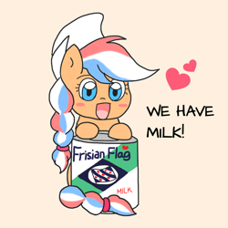 Size: 1024x1024 | Tagged: safe, artist:foxy1219, oc, oc only, oc:ember, oc:ember (hwcon), earth pony, pony, hearth's warming con, blush sticker, blushing, cute, dutch, female, friesland, frisian flag, mare, mascot, milk, netherlands, ocbetes, orange background, simple background, solo