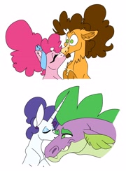 Size: 2112x2939 | Tagged: safe, artist:dodiejinx, cheese sandwich, pinkie pie, rarity, spike, dragon, earth pony, pony, unicorn, g4, cheek kiss, female, high res, kissing, male, mare, older, older spike, ship:cheesepie, ship:sparity, shipping, simple background, stallion, straight, white background