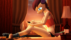 Size: 1920x1080 | Tagged: safe, artist:backmaker, coloratura, earth pony, anthro, unguligrade anthro, g4, 3d, bed, bedroom, breasts, busty coloratura, cat lamp, cellphone, clothes, female, panties, phone, smartphone, socks, solo, source filmmaker, tank top, underwear