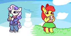 Size: 372x188 | Tagged: safe, artist:gorby, apple bloom, sweetie belle, earth pony, semi-anthro, g4, adorabloom, arm hooves, clothes, cute, diasweetes, food, ice cream, pixel art