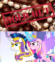 Size: 1074x1222 | Tagged: safe, edit, edited screencap, screencap, princess cadance, shining armor, alicorn, pony, g4, the beginning of the end, angry, chocolate, female, food, male, mare, stallion