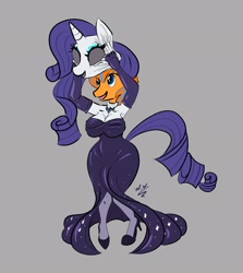 Size: 1711x1914 | Tagged: safe, artist:widdlywham, rarity, oc, oc only, oc:cold front, pegasus, unicorn, anthro, clothes, costume, crossdressing, disguise, dress, dressing, dressup, evening gloves, eyeshadow, gloves, gray background, high heels, impersonating, jewelry, long gloves, makeup, male, mask, masking, necklace, pegasus oc, ponysuit, shoes, simple background, solo, stallion, suit, suiting, suiting up, wrinkle, wrinkles