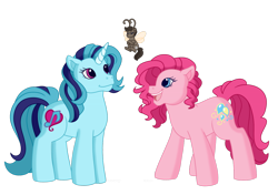 Size: 1280x900 | Tagged: safe, artist:faith-wolff, pinkie pie, sonata dusk, breezie, earth pony, pony, unicorn, fanfic:the bridge, g3, g4, antennae, april fools, april fools joke, colored horn, fanfic art, g4 to g3, generation leap, horn, megalon, open mouth, ponified, shrinking, simple background, smiling, standing, transparent background, unamused, unicorn sonata dusk