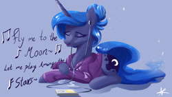 Size: 1920x1080 | Tagged: safe, artist:naafreelanceartist, princess luna, alicorn, pony, g4, alternate hairstyle, clothes, crossed hooves, earbuds, eyes closed, female, fly me to the moon, frank sinatra, hair bun, hoodie, ipod, lying down, mare, prone, singing, solo