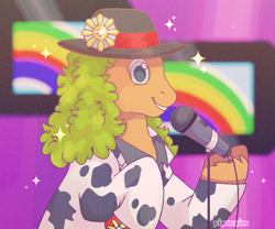 Size: 925x768 | Tagged: safe, artist:pigeorgien, dazzle, earth pony, pony, g1, my little pony tales, 80s, clothes, female, hat, jacket, looking at you, mare, microphone, parody, rainbow, sergey minaev, shirt, smiling, smiling at you, solo, sparkles, television, unshorn fetlocks