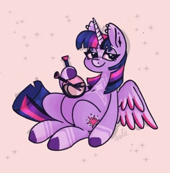 Size: 1490x1517 | Tagged: safe, artist:dear_crimes, twilight sparkle, alicorn, pony, g4, bong, drugs, ear piercing, earring, high, highlight sparkle, jewelry, lidded eyes, looking at you, piercing, smiling, solo, spread wings, twilight sparkle (alicorn), wings