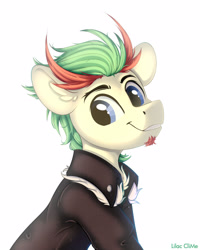 Size: 1280x1600 | Tagged: safe, artist:lilclim, oc, oc only, oc:redchetgreen, earth pony, original species, pony, beard, bust, caption, clothes, cute, eyes closed, eyes open, facial hair, furry, jacket, male, portrait, sitting, smiling, solo, stallion