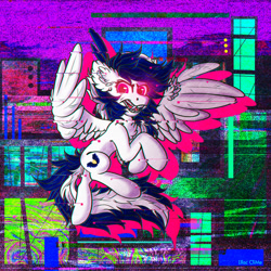 Size: 1280x1280 | Tagged: safe, artist:lilclim, oc, oc only, oc:rachel rage, pegasus, pony, aggressive, brightcolor, building, caption, error, eyes open, female, flying, full body, glitch, night, solo, town, wings