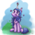 Size: 1250x1250 | Tagged: safe, artist:t15, derpibooru exclusive, izzy moonbow, butterfly, pony, unicorn, g5, my little pony: a new generation, ball, chest fluff, colored pupils, cute, female, grass, horn, horn guard, horn impalement, hornball, izzy's tennis ball, izzybetes, mare, open mouth, simple background, sitting, sky, smiling, solo, tennis ball