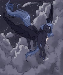 Size: 2423x2876 | Tagged: safe, artist:sannateacupss, oc, oc only, oc:starry night, pegasus, pony, cloud, cloven hooves, ethereal mane, female, flying, high res, mare, night, not luna, sky, sky background, solo, spread wings, starry mane, wings