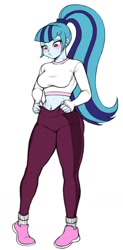 Size: 748x1519 | Tagged: safe, artist:nairdags, sonata dusk, equestria girls, airpods, belly button, big breasts, blushing, breasts, busty sonata dusk, clothes, curvy, eyelashes, eyeshadow, female, fingerless gloves, gloves, leggings, legs, makeup, midriff, no pupils, pants, pigeon toed, ponytail, puffy cheeks, sexy, simple background, socks, solo, stupid sexy sonata dusk, sweat, thighs, tight clothing, white background, wide hips, workout outfit, yoga pants