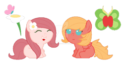 Size: 400x204 | Tagged: safe, artist:nopepixels, artist:opalescentartist, oc, oc only, oc:ambrosia, oc:annie apricot, earth pony, pegasus, pony, baby, baby pony, base used, deviantart watermark, duo, female, filly, flower, flower in hair, obtrusive watermark, offspring, parent:big macintosh, parent:fluttershy, parents:fluttermac, siblings, simple background, sisters, transparent background, watermark