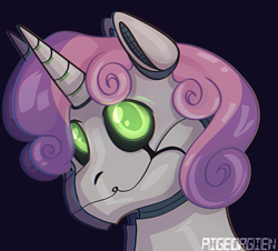 Size: 850x768 | Tagged: safe, artist:pigeorgien, sweetie belle, pony, robot, robot pony, unicorn, friendship is witchcraft, g4, bust, chromatic aberration, cute, diasweetes, female, filly, portrait, roboticization, solo, sweetie bot