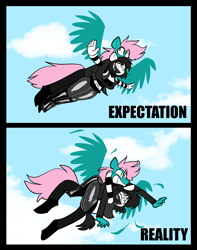 Size: 2550x3230 | Tagged: safe, artist:latexia, oc, oc only, oc:cid, oc:isabelle incraft, oc:izzy, earth pony, pegasus, pony, anthro, acrophobia, beret, clothes, comic, earth pony oc, expectation vs reality, flying, hat, high res, holding a pony, mime, pegasus oc, scared, wings, x, x eyes