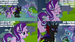 Size: 1280x720 | Tagged: safe, edit, edited screencap, editor:quoterific, screencap, pharynx, starlight glimmer, trixie, changeling, pony, unicorn, g4, to change a changeling, angry, cape, clothes, female, hat, hoof on chest, male, open mouth, purple changeling, sharp teeth, teeth, trio, trixie's cape, trixie's hat