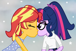 Size: 690x467 | Tagged: safe, artist:jadeharmony, sci-twi, sunset shimmer, twilight sparkle, fanfic:sunset shimmer discovers her feet, equestria girls, g4, clothes, crossover, dress, fanfic, fanfic art, female, kissing, lesbian, ship:sci-twishimmer, ship:sunsetsparkle, shipping, stars, the little mermaid