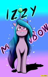 Size: 3544x5752 | Tagged: safe, artist:undercowboy, izzy moonbow, pony, unicorn, g5, absurd resolution, ball, blushing, female, gradient background, horn, horn guard, horn impalement, hornball, izzy's tennis ball, mare, solo, tennis ball, text