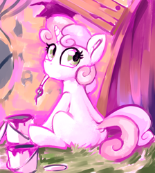Size: 1794x2000 | Tagged: safe, artist:dimfann, sweetie belle, pony, unicorn, g4, the show stoppers, blank flank, bucket, butt, cute, diasweetes, female, filly, grass, looking back, mouth hold, paint, paintbrush, plot, sitting, solo, sweetie butt