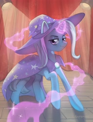 Size: 3703x4856 | Tagged: safe, artist:supsaka, trixie, pony, unicorn, g4, absurd resolution, cape, clothes, female, glowing horn, hat, horn, lights, looking at you, mare, raised hoof, solo, trixie's cape, trixie's hat
