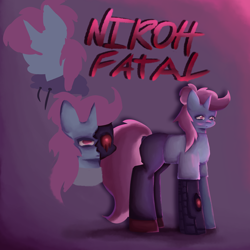 Size: 3000x3000 | Tagged: safe, artist:menalia, oc, oc only, oc:niroh fatal, cyborg, pony, unicorn, amputee, clothes, emotionless, high res, horn, pants, prosthetic leg, prosthetic limb, prosthetics, shirt, shoes, t-shirt, text, wip