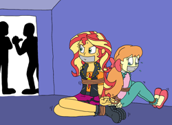 Size: 1834x1335 | Tagged: safe, artist:bugssonicx, megan williams, megan williams (g4), sunset shimmer, human, equestria girls, g4, arm behind back, bondage, bound and gagged, crying, female, gag, help us, kidnapped, rope, rope bondage, silhouette, sweat, sweatdrops, tape, tape gag, teary eyes, tied up, untying