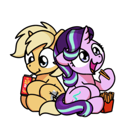 Size: 500x500 | Tagged: safe, artist:sugar morning, part of a set, starlight glimmer, oc, oc:sunlight bolt, pegasus, pony, unicorn, animated, can, chibi, commission, cute, drinking, eating, female, food, frame by frame, french fries, gif, glimmerbetes, hoof hold, male, mare, nom, shipping, simple background, sitting, stallion, sugar morning's snacc and drincc, this will end in weight gain, transparent background, ych result