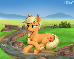 Size: 2000x1589 | Tagged: safe, artist:uliovka, applejack, earth pony, pony, g4, creek, female, grass, hatless, leg fluff, lying down, mare, missing accessory, mountain, prone, river, scenery, solo