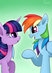 Size: 2480x3507 | Tagged: safe, artist:twidasher, rainbow dash, twilight sparkle, pegasus, pony, g4, duo, feather, female, gradient background, green background, height difference, high res, lesbian, looking at each other, open mouth, ship:twidash, shipping, signature, simple background