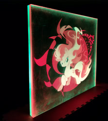 Size: 2976x3344 | Tagged: safe, artist:themisto97, sunset shimmer, earth pony, pony, unicorn, g4, acrylic plastic, acrylight, catasterism, craft, engraving, evil smile, female, fiery shimmer, fire, fireball, grin, high res, lasercut, led, mane of fire, mare, multicolored, nightlight, photo, raised hoof, rapidash shimmer, smiling, smirk, solo, sun, sunshine shimmer, tail of fire, text