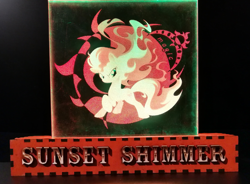 Size: 2805x2065 | Tagged: safe, artist:themisto97, sunset shimmer, pony, unicorn, g4, acrylic plastic, acrylight, catasterism, craft, engraving, evil grin, female, fiery shimmer, fire, fireball, grin, high res, lasercut, led, mane of fire, mare, multicolored, nightlight, photo, raised hoof, rapidash shimmer, smiling, smirk, solo, sun, tail of fire, text