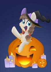 Size: 2480x3508 | Tagged: safe, artist:balychen, oc, oc only, oc:connie bloom, pony, candle, clothes, costume, cute, euro bronycon, halloween, halloween costume, hat, holiday, jack-o-lantern, mascot, ocbetes, pumpkin, solo, witch hat